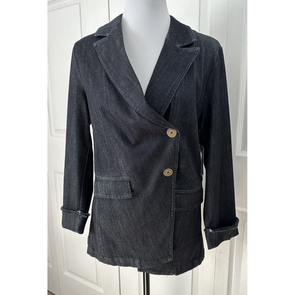 NIC+ZOE Womens Black M Denim Blazer Asymmetrical Button Jean Jacket  MSRP $188 - Picture 1 of 8